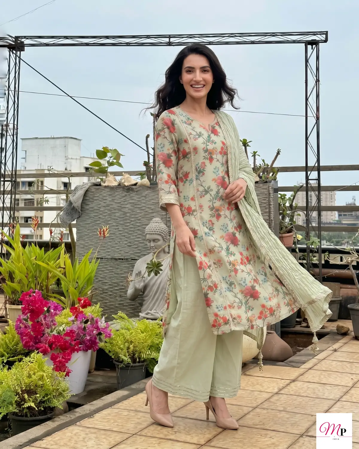 Festive sequin kurta set under 3500 on rooftop during peak celebration event