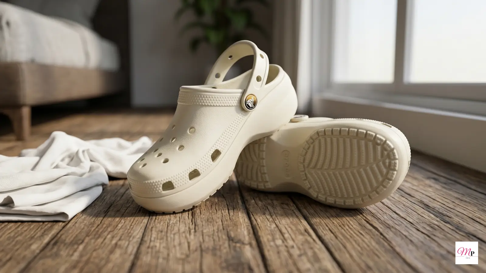 Crocs Classic Platform Clog in off-white on wooden floor by window with natural light — crocs platform clogs under 5500