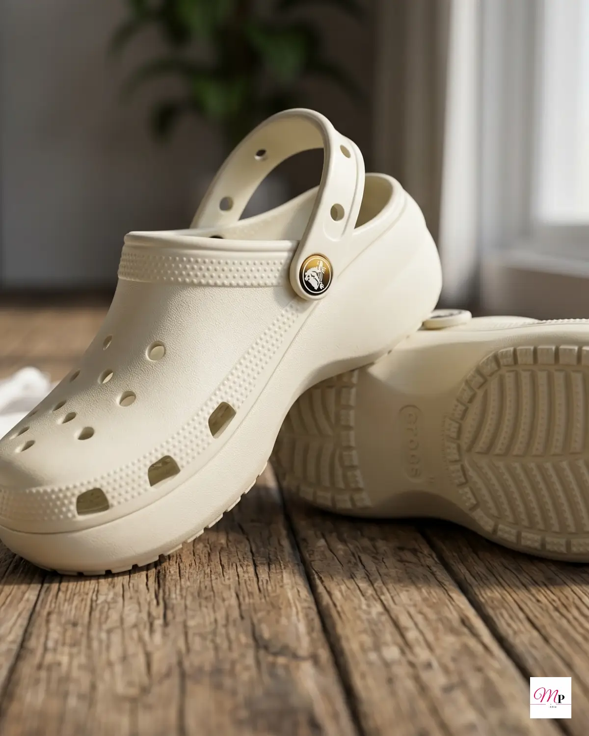 Crocs platform clogs off-white pair on rustic wood showing heel strap pivot and sole tread — crocs platform clogs under 5500