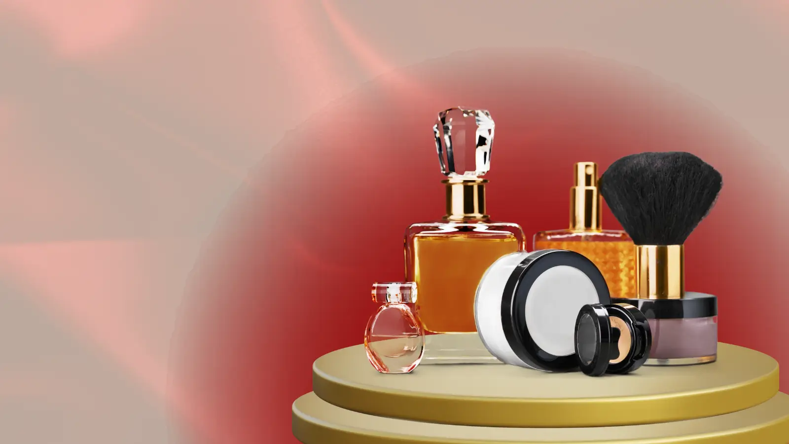 Luxury perfume and makeup on a gold pedestal