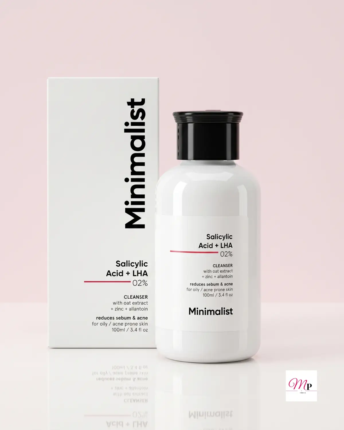 Minimalist 2% Salicylic Acid LHA cleanser bottle with packaging box, clean product shot for oily skin