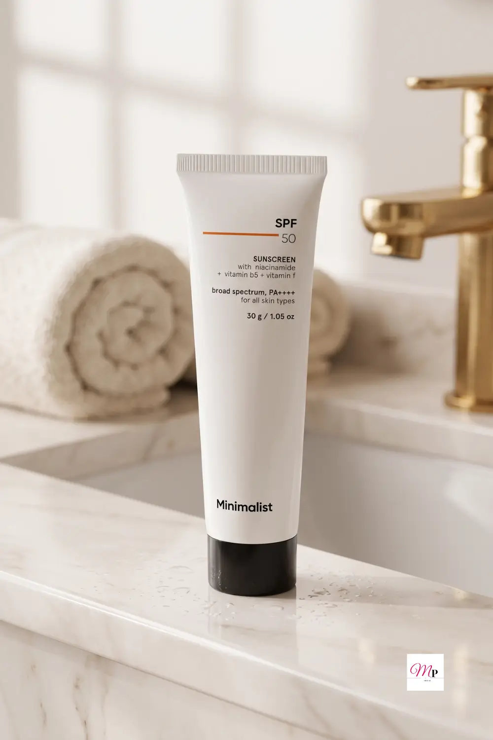 Minimalist SPF 50 sunscreen on bathroom vanity, lightweight sunscreen for Indian skin