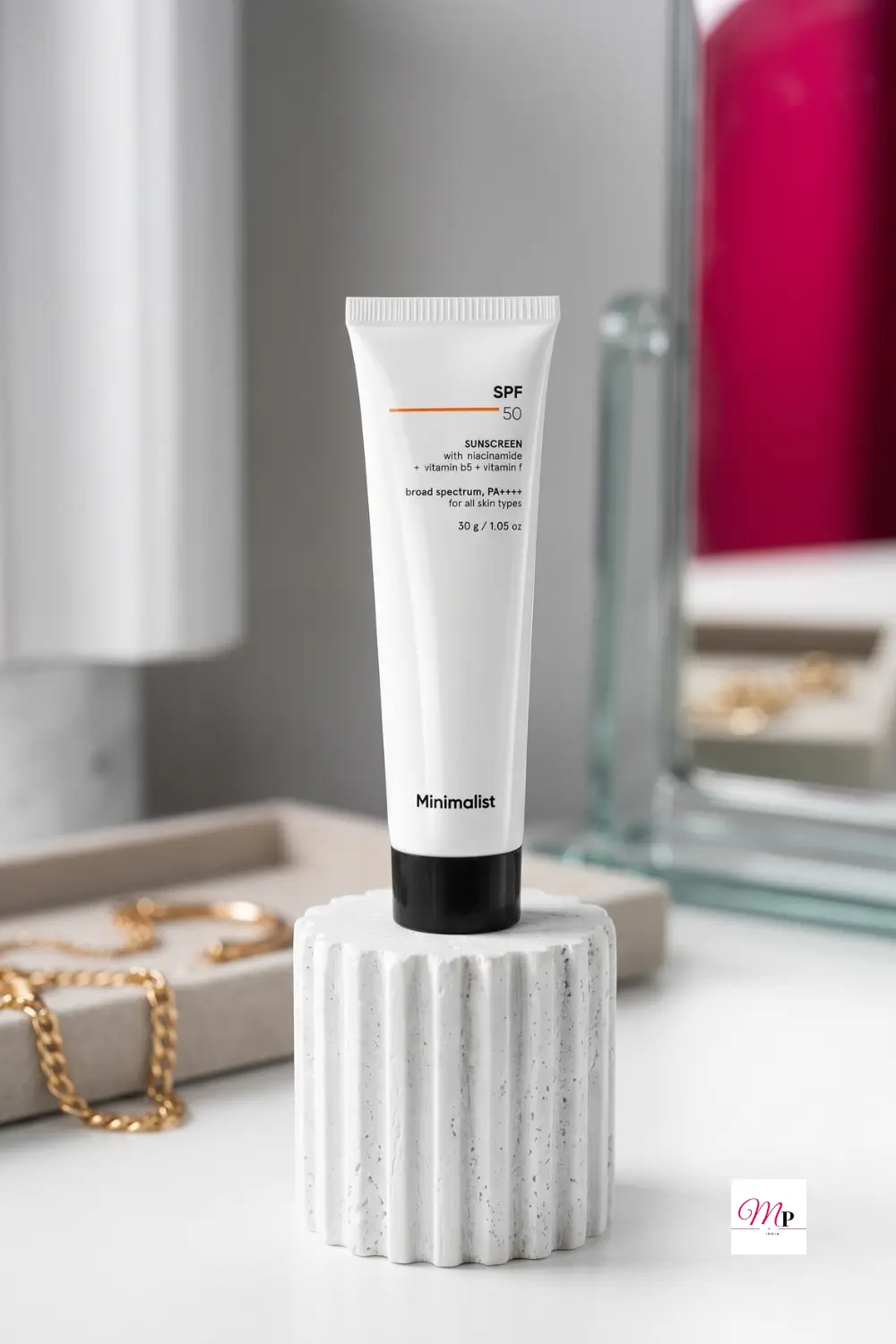 Minimalist SPF 50 Sunscreen on vanity — sunscreen for scalp protection