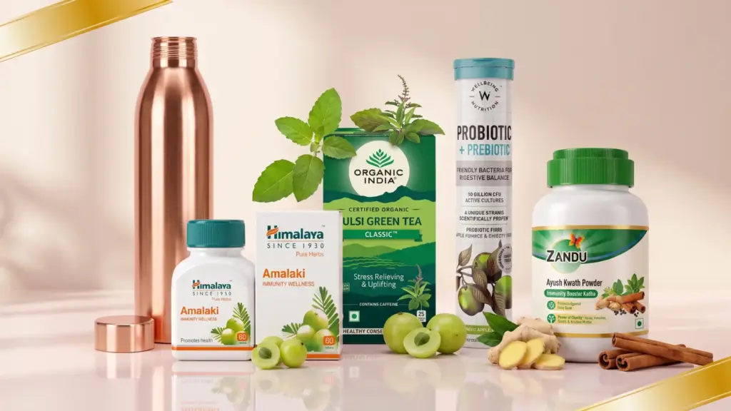 Curated monsoon immunity products for women including probiotic supplements, Ayurvedic kadha, copper water bottle, amalaki tablets, and tulsi green tea