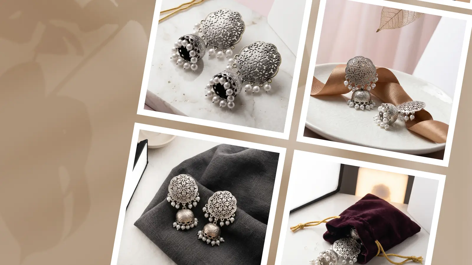 Zaveri Pearls oxidised dome jhumkas with pearl dangles displayed on marble, ceramic plate, grey fabric, and velvet pouch — oxidised dome jhumkas under 500 India