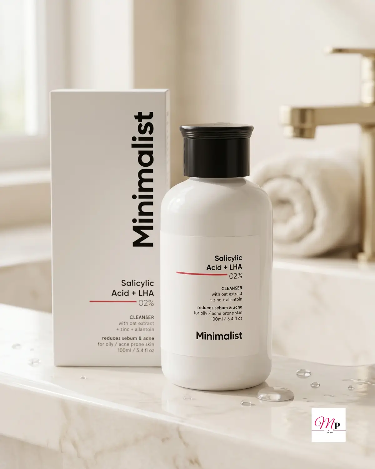 Minimalist salicylic acid cleanser on marble bathroom counter with water droplets, morning skincare routine India