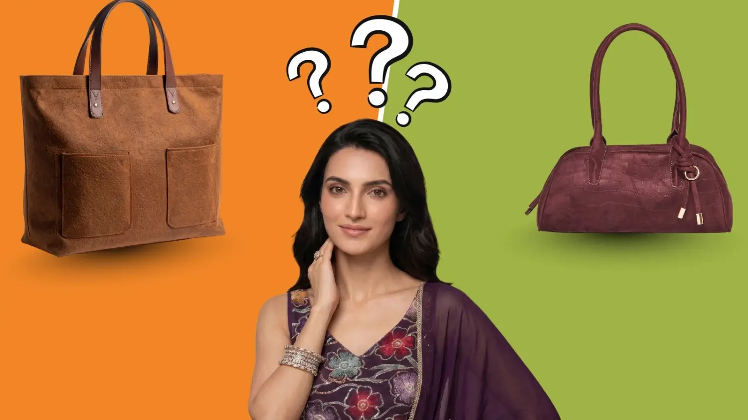 Trishika choosing between brown tote and purple croc handbag, The Verdict product comparison reviews India Miss Patakha