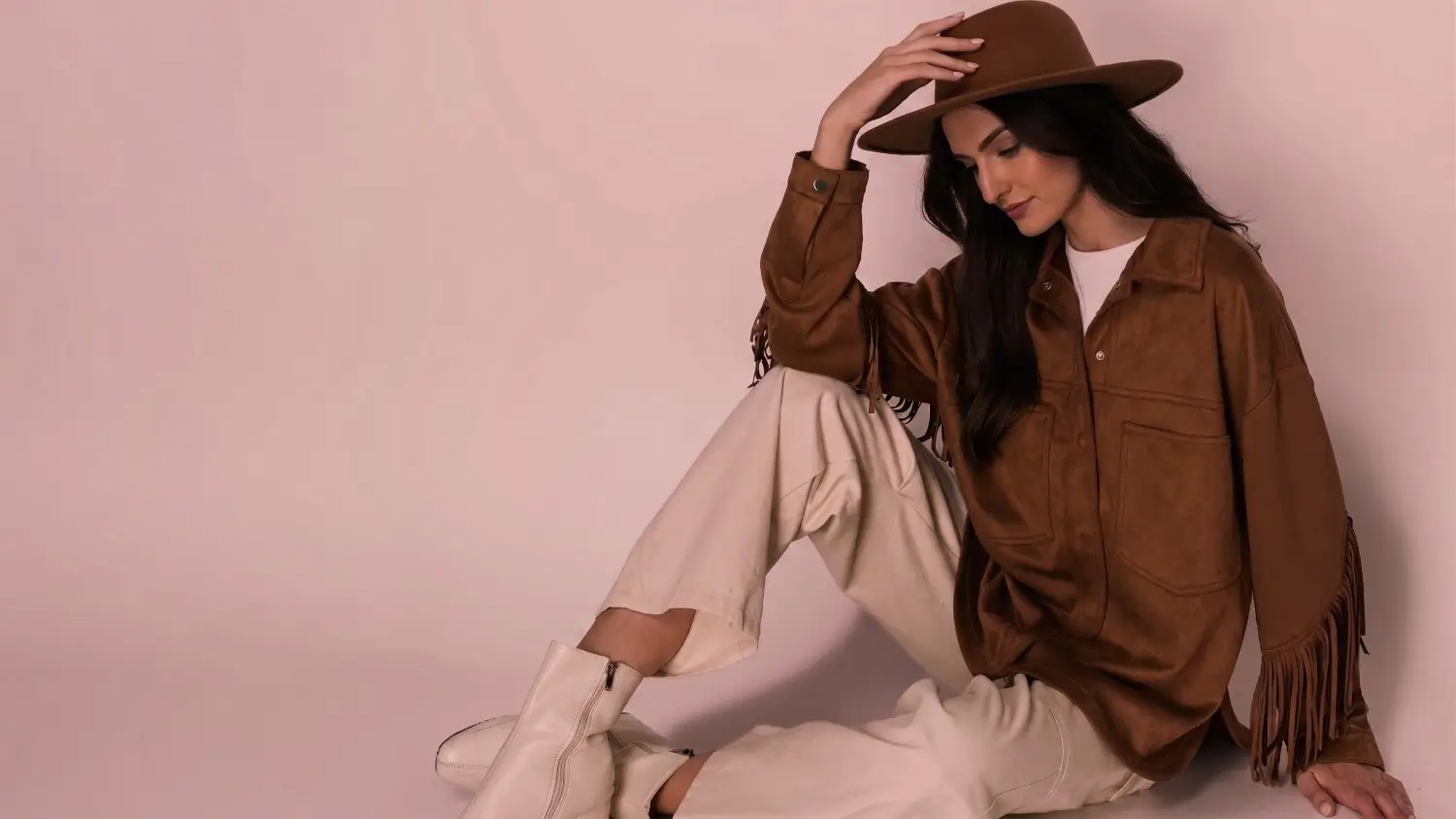 Brown suede fringe jacket with boho hat