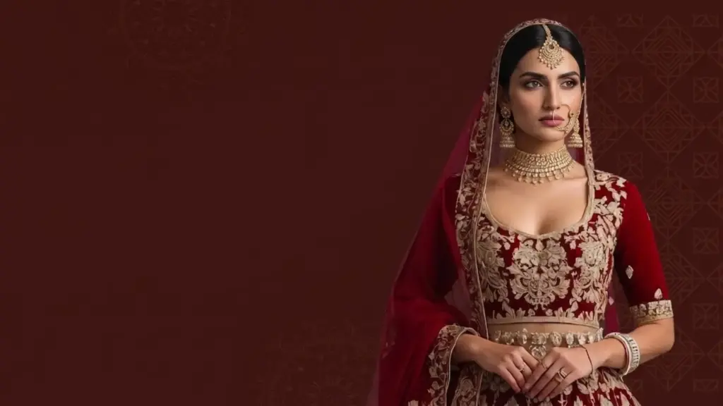 Trishika in red velvet bridal lehenga with gold jewellery, best outfits for women India Miss Patakha