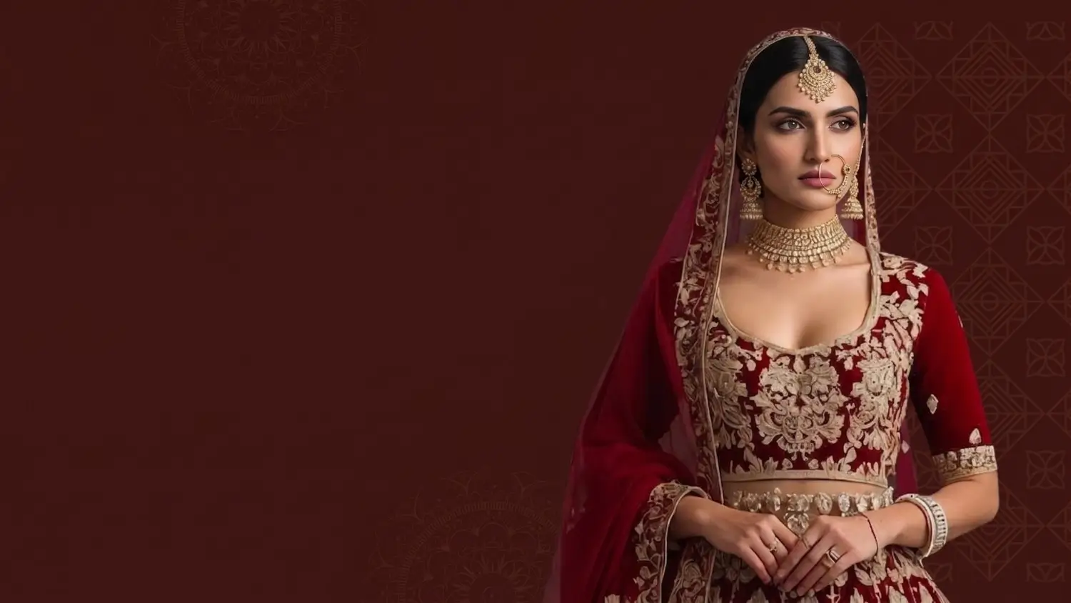 Red velvet bridal lehenga with gold embroidery