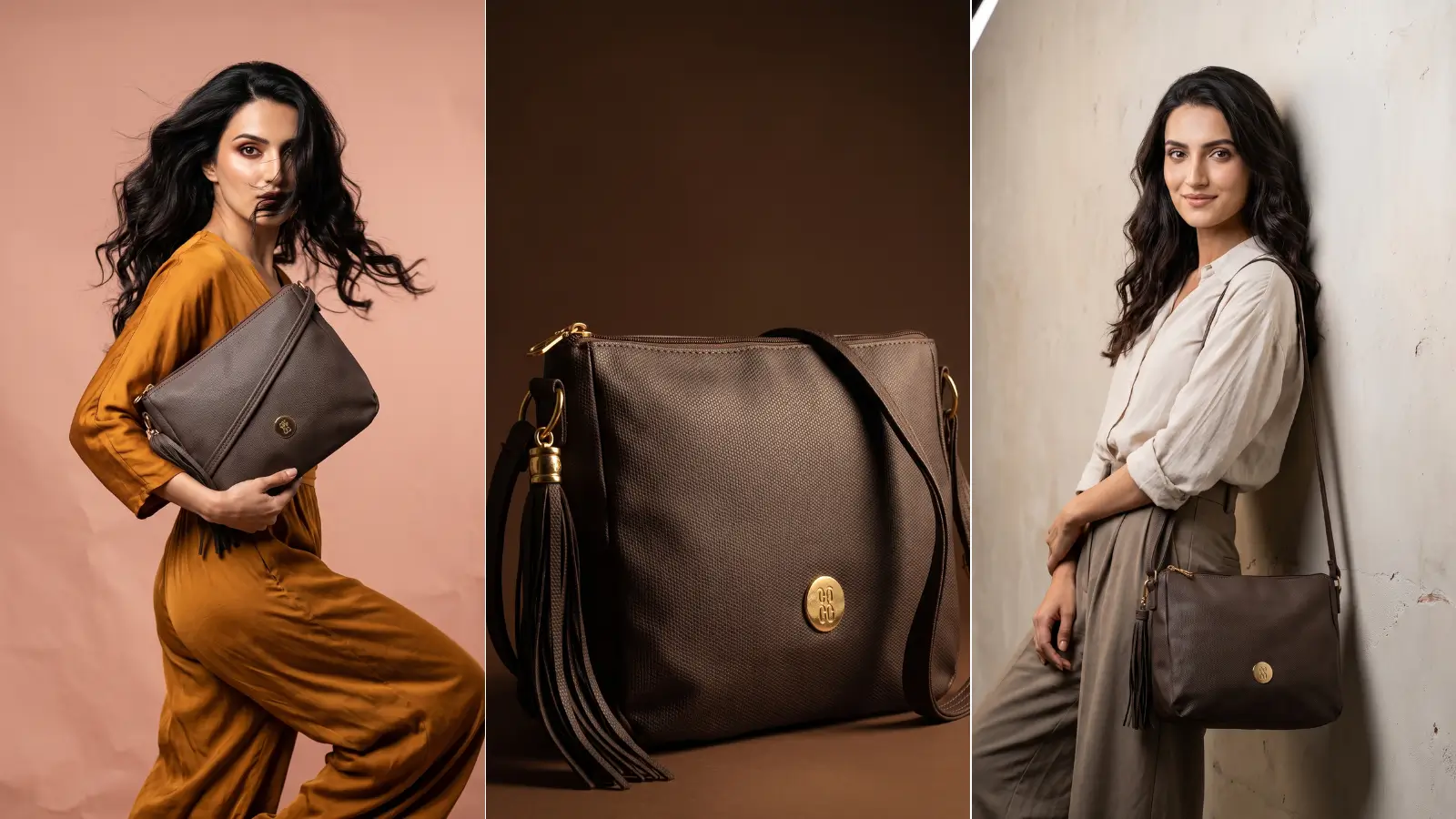 Baggit Kurama HH Vogee structured sling bag with tassel detail, shown in three editorial styling variations — fashion photography for Indian women