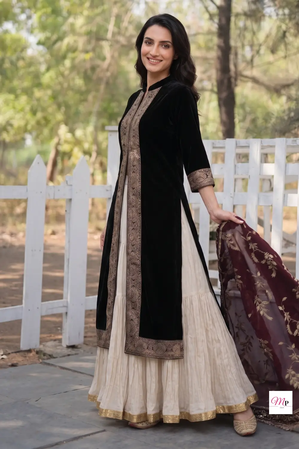 Woman wearing Biba black velvet anarkali kurta with gold embroidery and dupatta in outdoor daylight