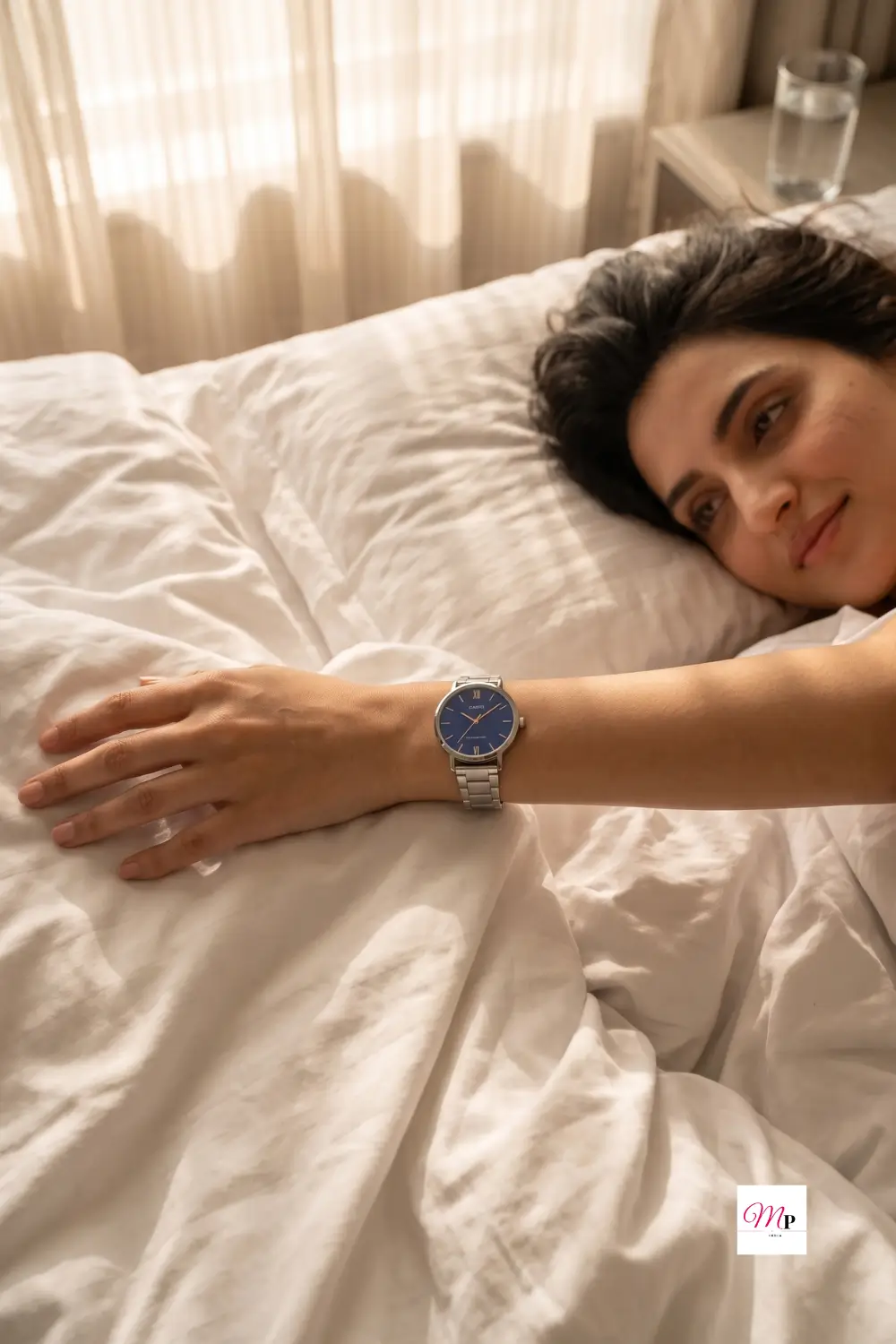 Casio Enticer blue dial women watch paired with summer workwear for polished office look
