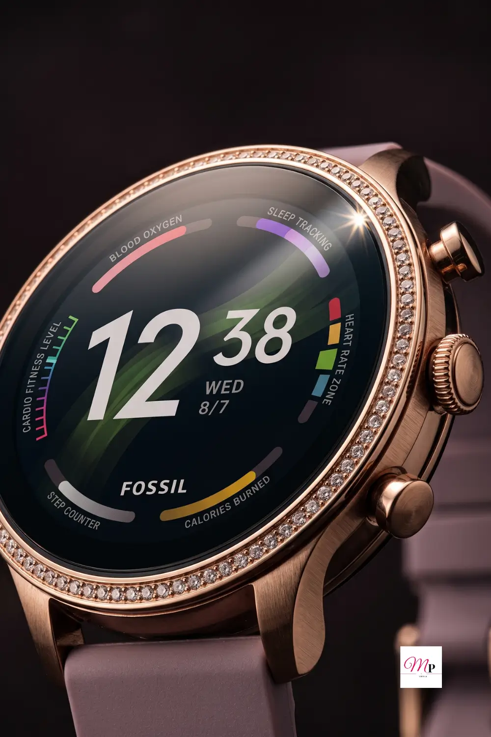 Fossil Gen 6 women smartwatch purple silicone strap lifestyle flatlay linen pampas grass rose quartz