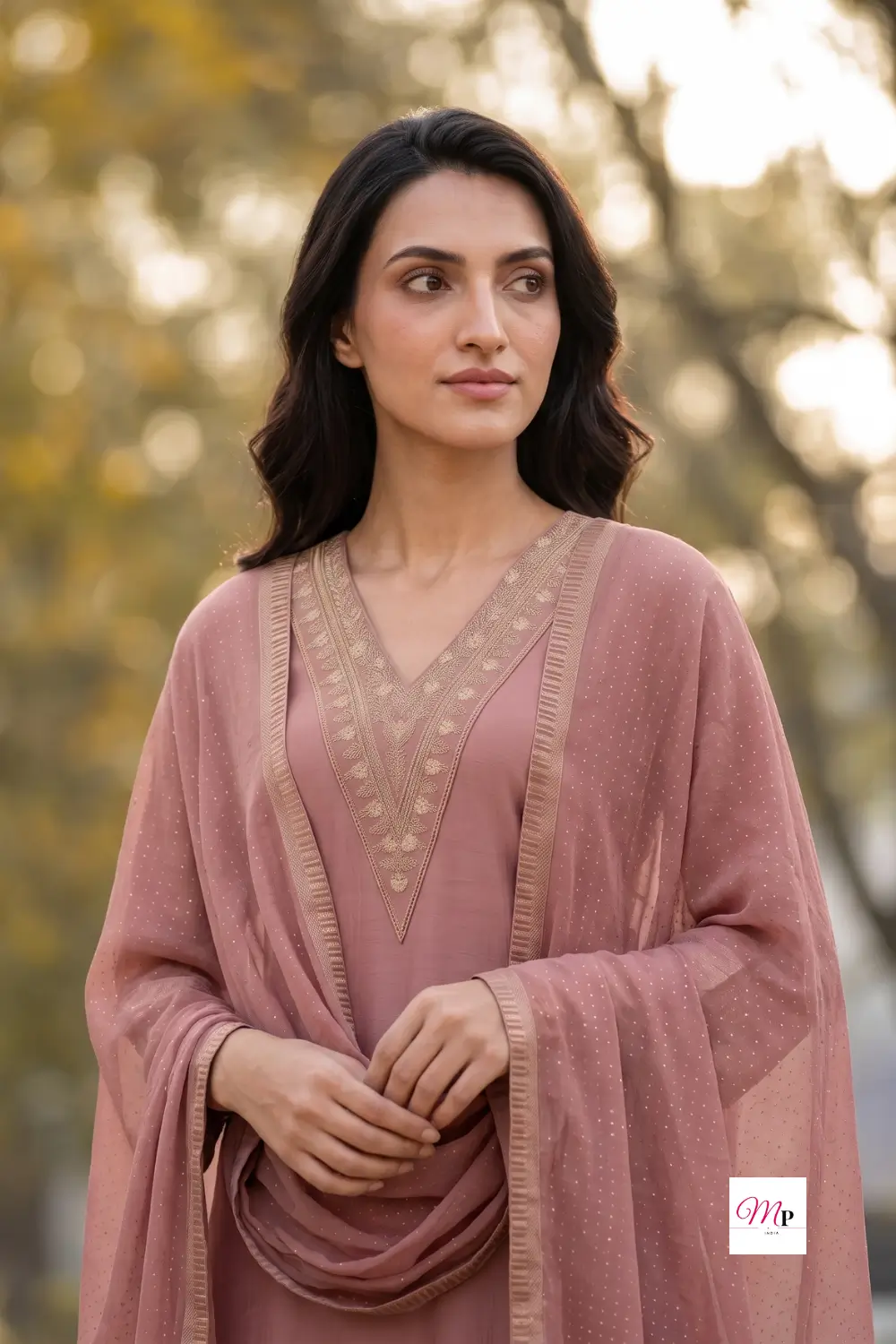Close-up of gold floral embroidery and sequinned dupatta texture in warm sunset light, Gerua by Libas festive straight kurta set