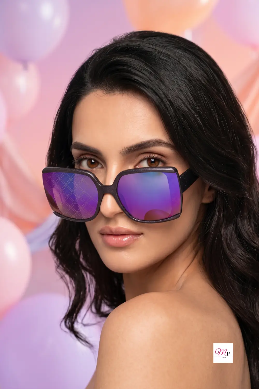 Indian woman wearing IDEE oversized sunglasses purple lenses front view closeup — bade frame wale purple lens sunglasses