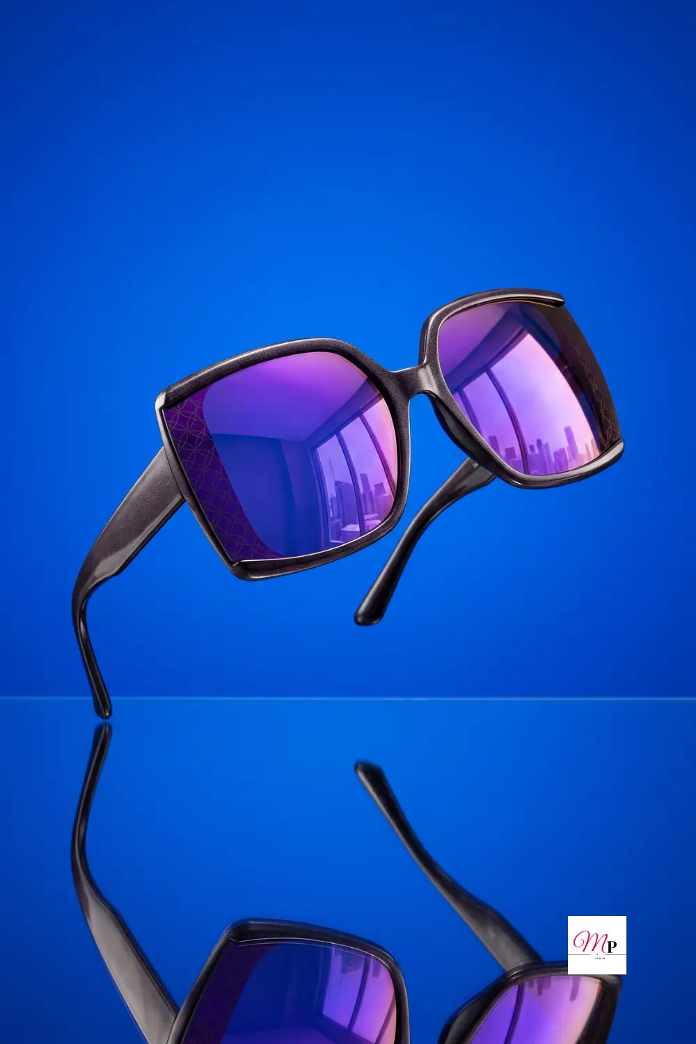 IDEE oversized sunglasses with purple lens reflection artistic product shot