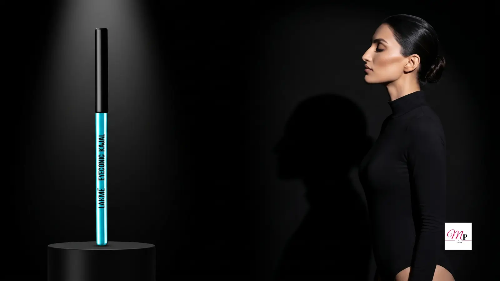 Lakmé Eyeconic Kajal in Sparkling Black on studio pedestal with elegant lighting