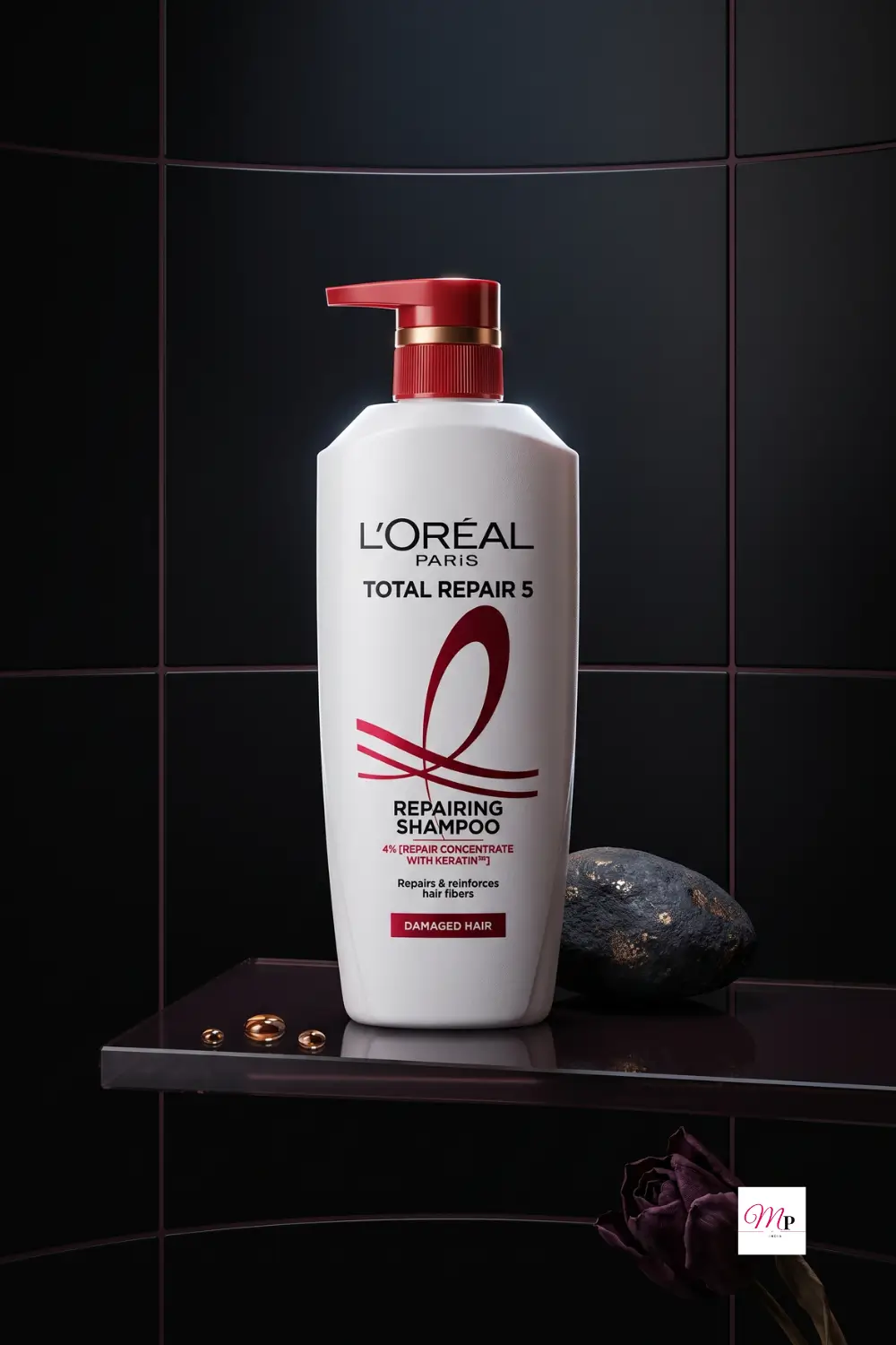 L'Oreal Total Repair 5 keratin shampoo on dark vanity