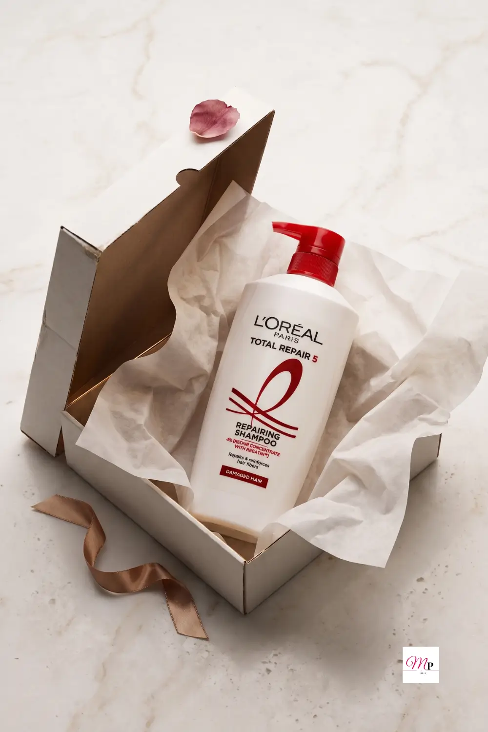 Abstract hair texture overlay with L'Oreal Total Repair 5 shampoo bottle, repairing shampoo for damaged hair