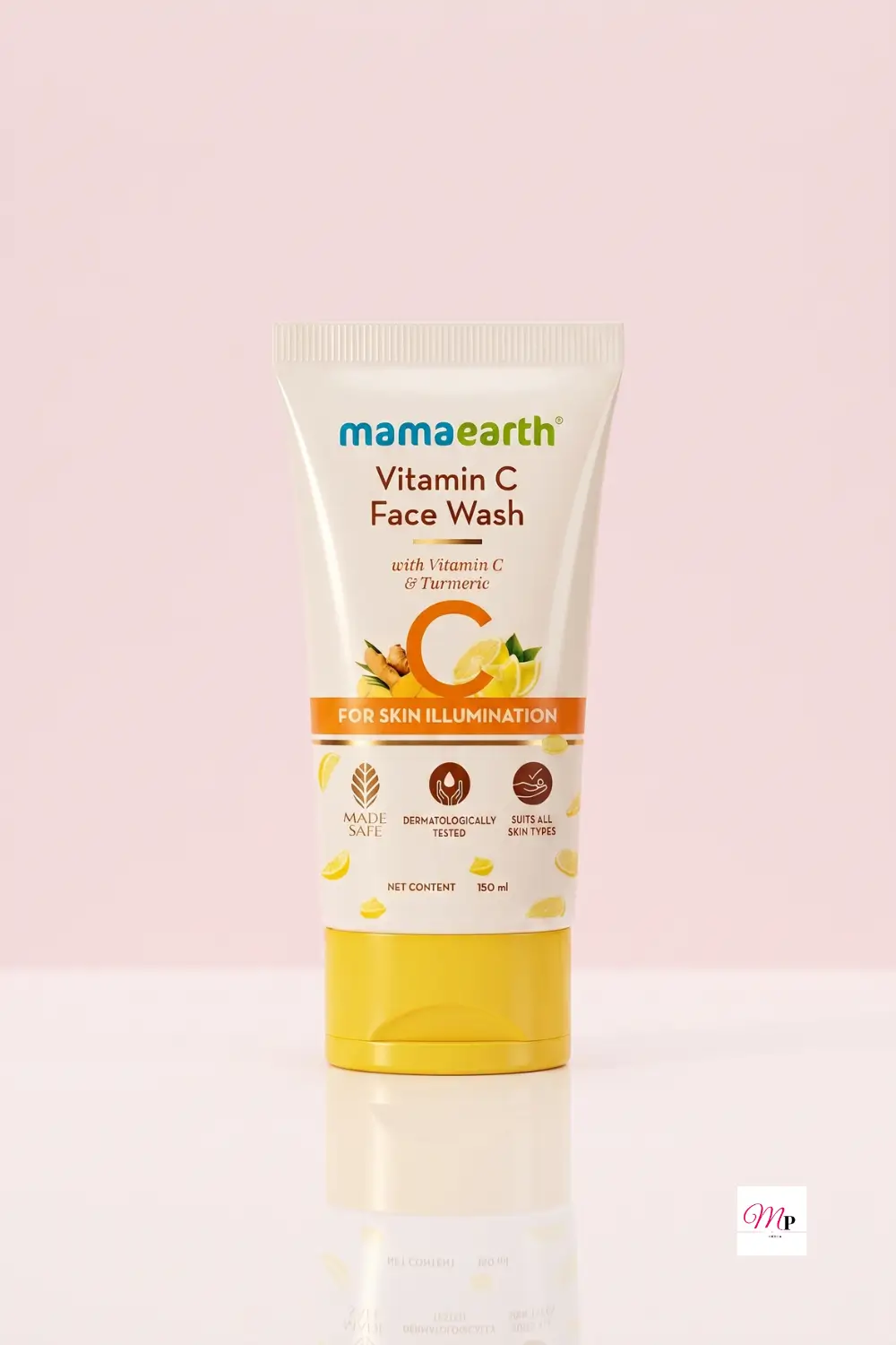 Mamaearth Vitamin C Face Wash 150ml tube showing full front label with Made Safe, Dermatologically Tested, and Suits All Skin Types badges on soft pink background