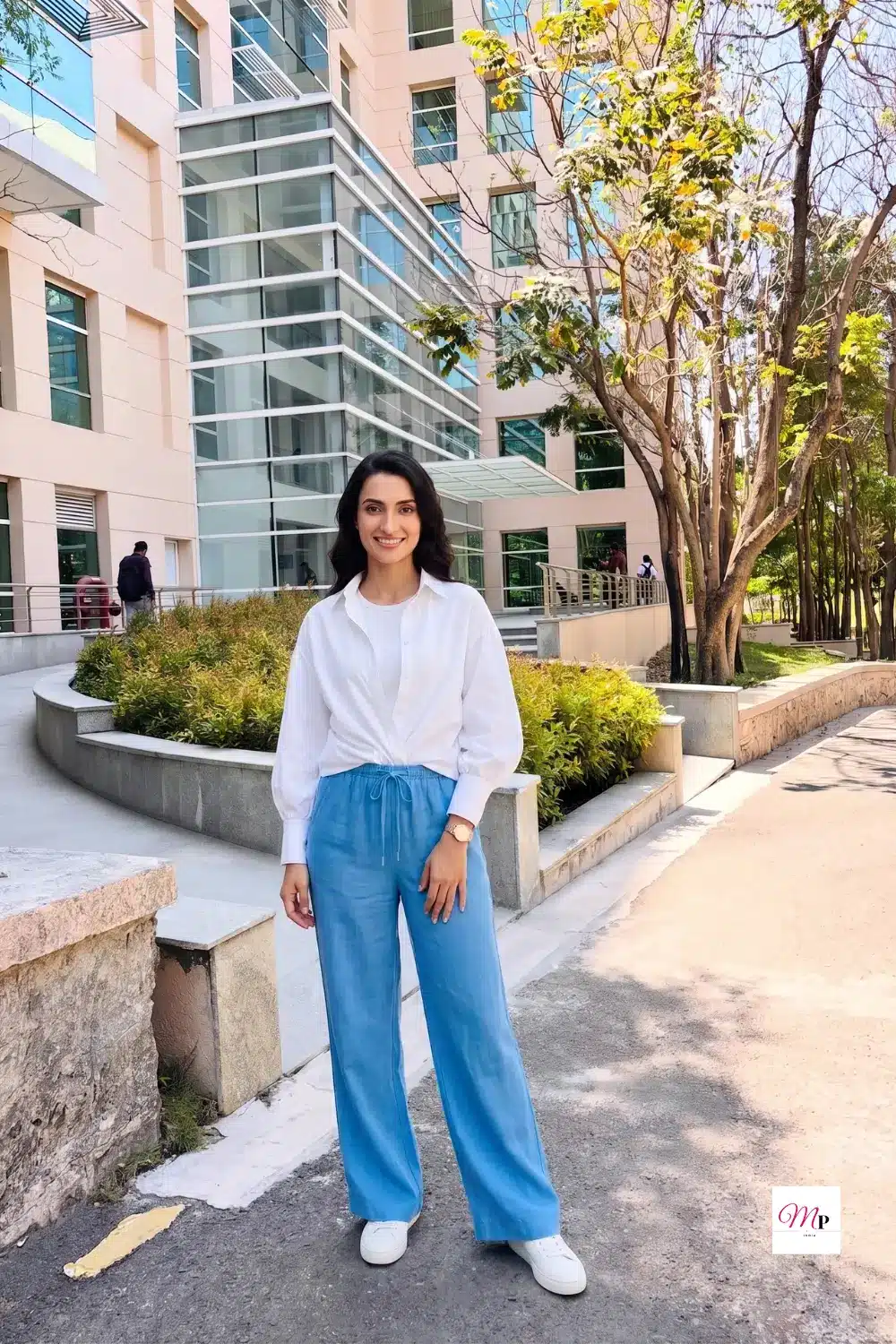 Linen blend wide leg trousers office wear look with white shirt and minimalist accessories for Indian summer