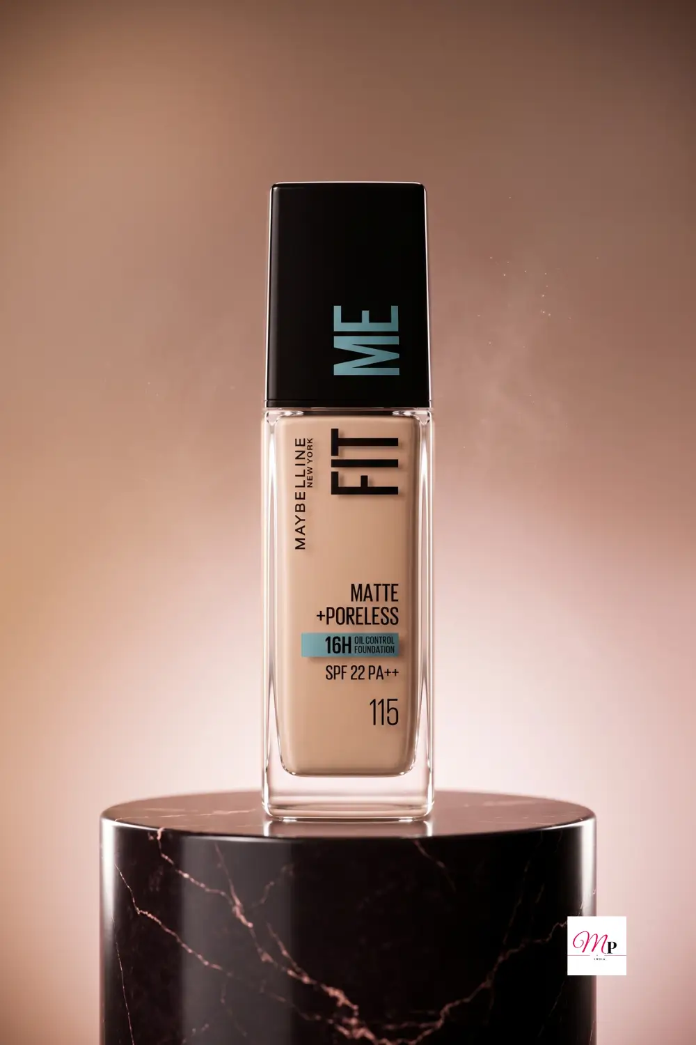 Maybelline Fit Me Foundation 16H Oil Control SPF 22 PA++ label detail close-up on black marble pedestal