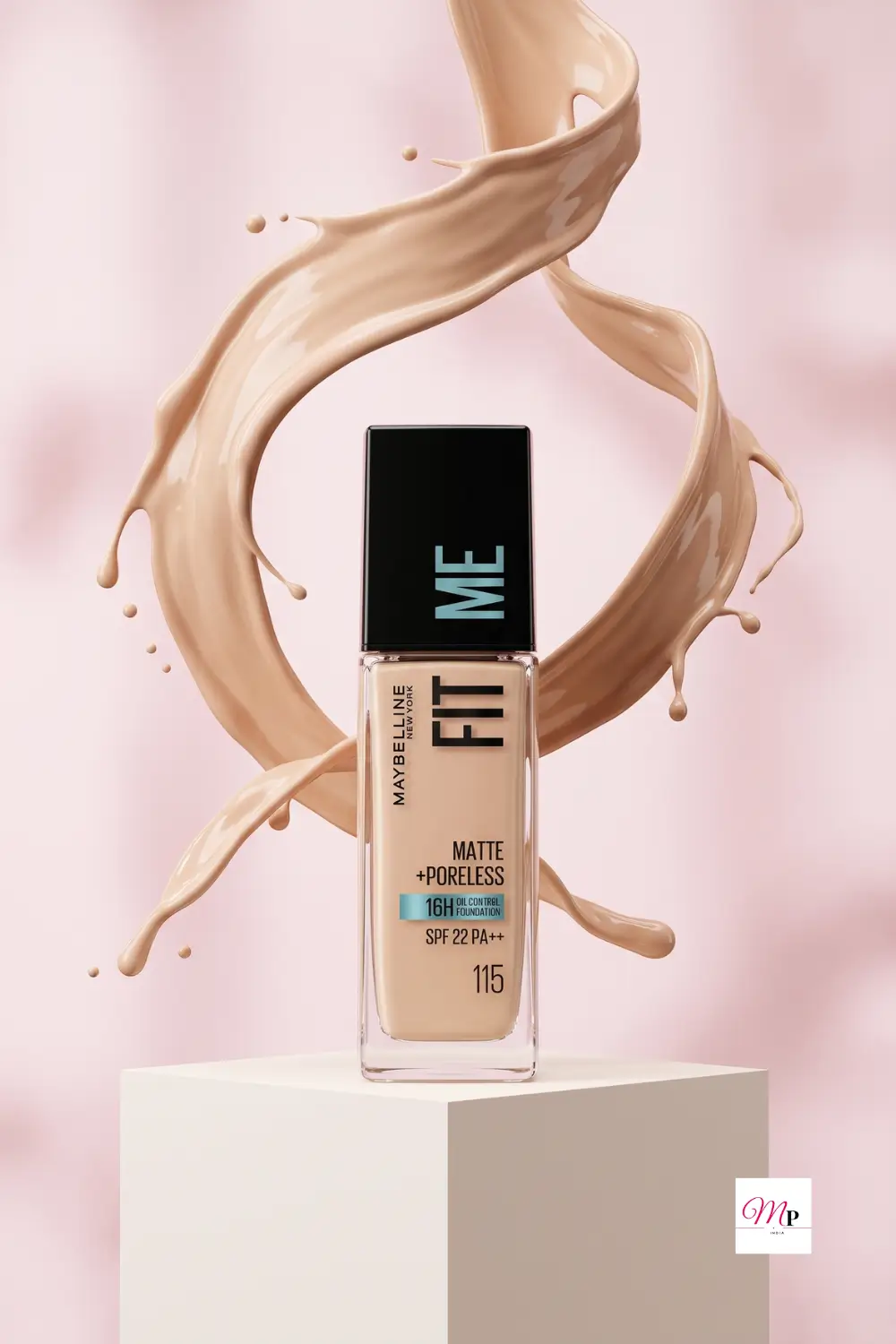 Maybelline Fit Me Matte Poreless Foundation 115 Ivory bottle on white pedestal with liquid splash
