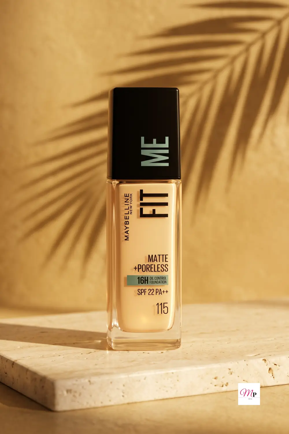 Maybelline Fit Me Foundation bottle on travertine stone with tropical palm leaf shadows in warm golden light