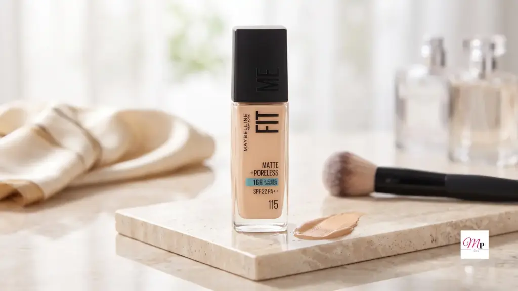 Maybelline Fit Me Matte Poreless Foundation 115 Ivory texture swatch on travertine marble with makeup brush and silk fabric | Maybelline Fit Me Foundation ka texture swatch travertine marble par makeup brush aur silk fabric ke saath