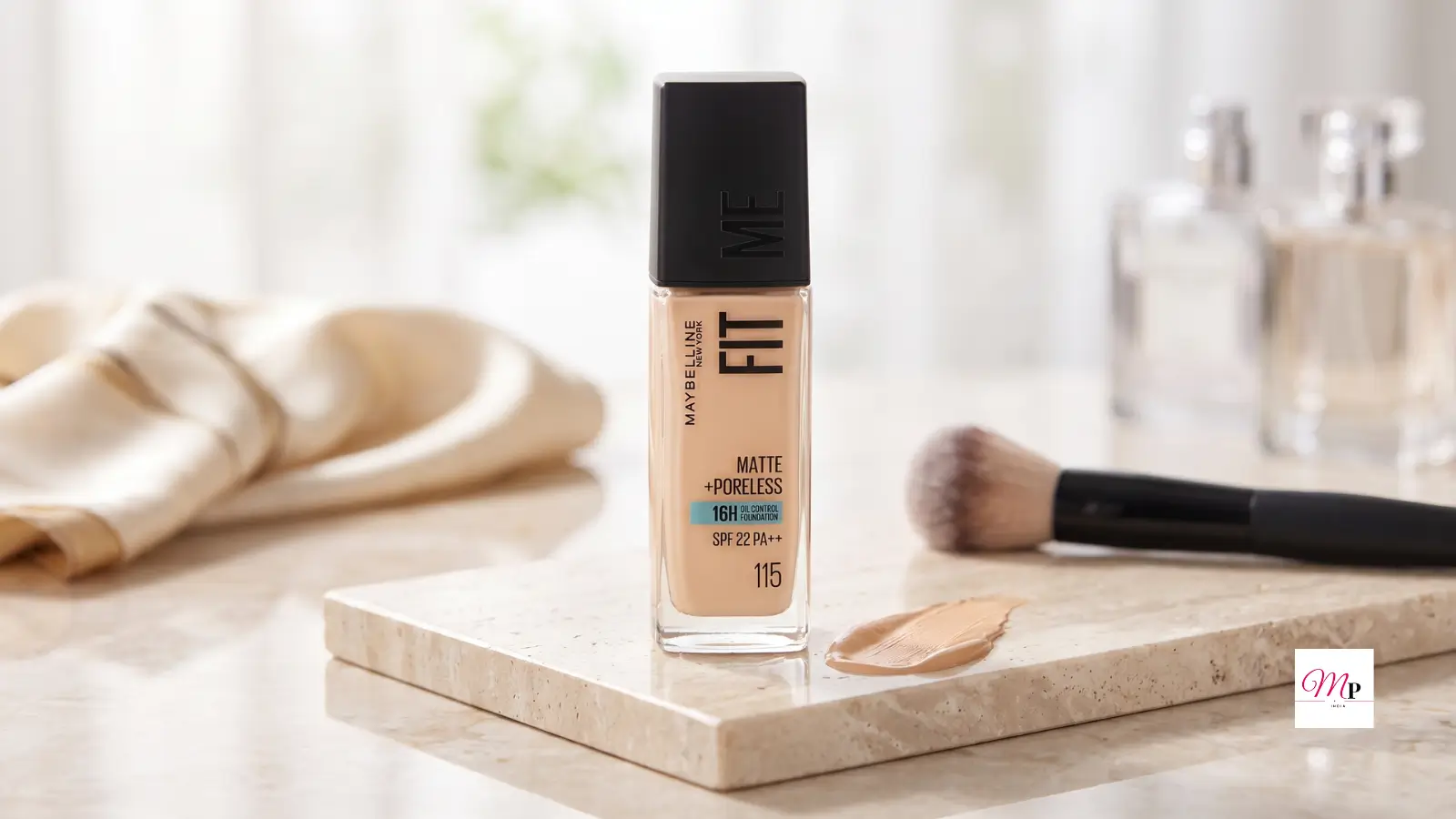 Maybelline Fit Me Matte Poreless Foundation 115 Ivory texture swatch on travertine marble with makeup brush and silk fabric | Maybelline Fit Me Foundation ka texture swatch travertine marble par makeup brush aur silk fabric ke saath