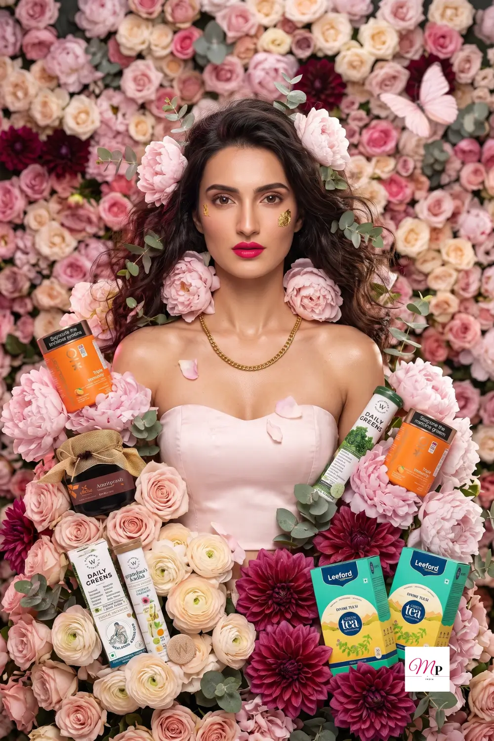 Complete monsoon immunity routine with all five curated products arranged among pink roses and dahlias in a luxury floral editorial setting