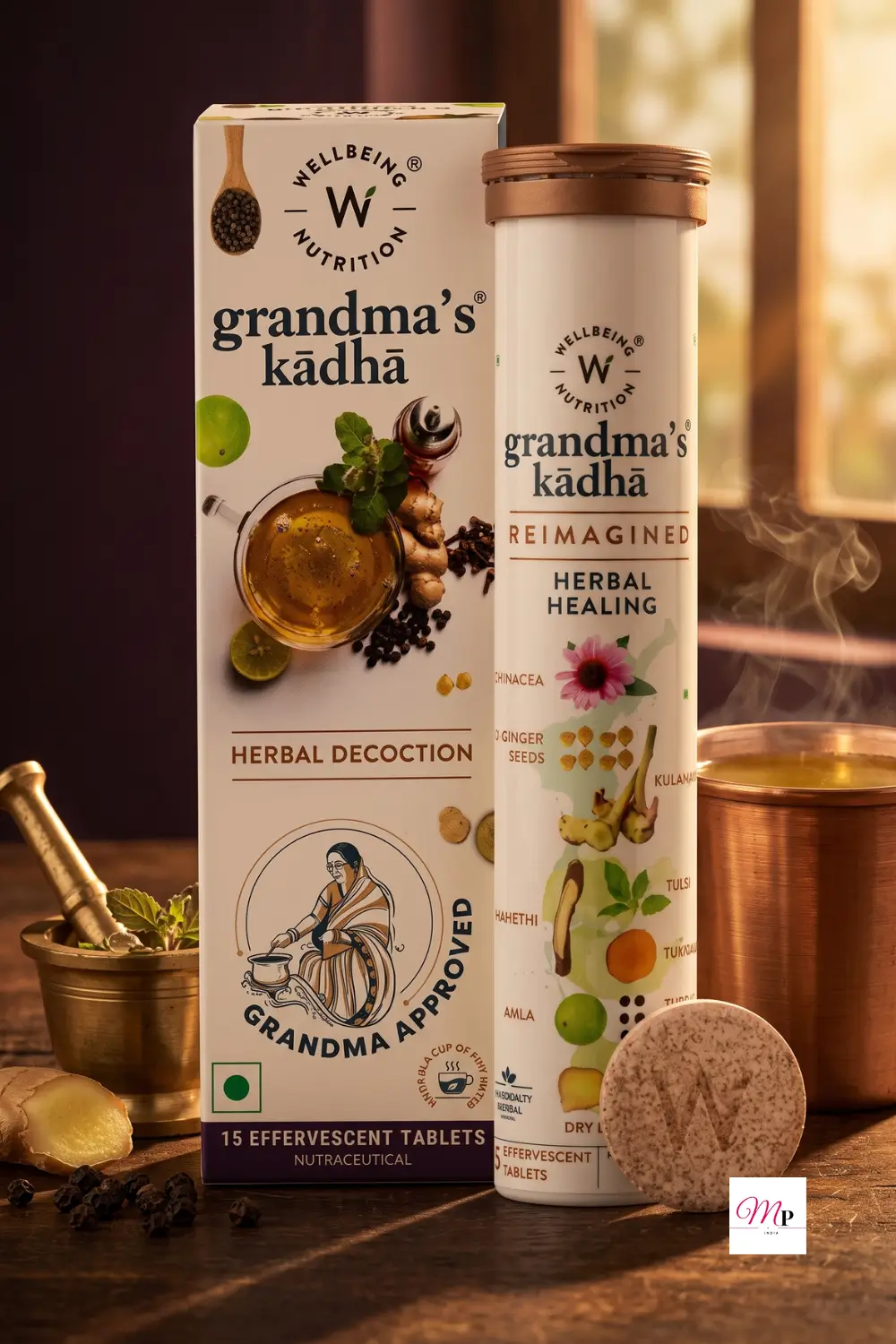 Wellbeing Nutrition Grandma's Kadha effervescent tablets with Ayurvedic herbs for monsoon immunity