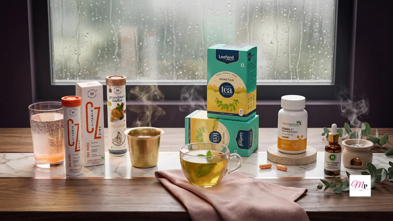 Curated monsoon immunity defense kit for working women India displayed on walnut and marble surface by a rain streaked window