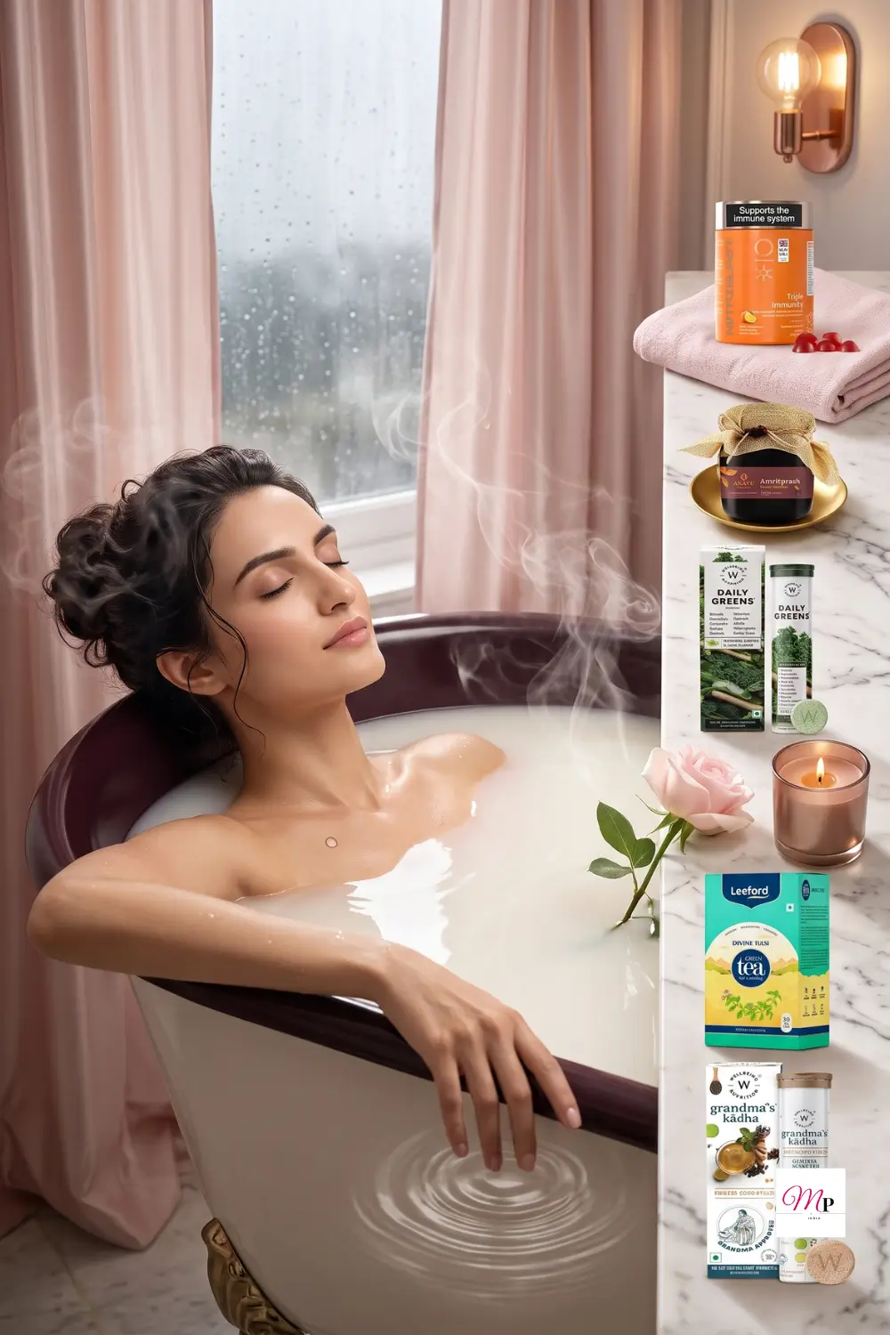 Woman relaxing in a warm milk bath during monsoon with immunity supplements displayed on a marble shelf beside a rain-streaked window