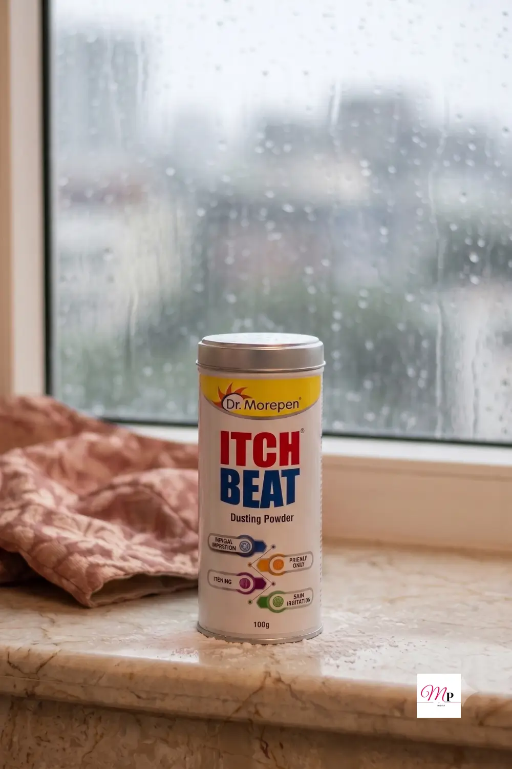 Dr Morepen Itch Beat antifungal dusting powder 100g tin on marble bathroom ledge with soft cotton towel and monsoon window light for fungal prevention women