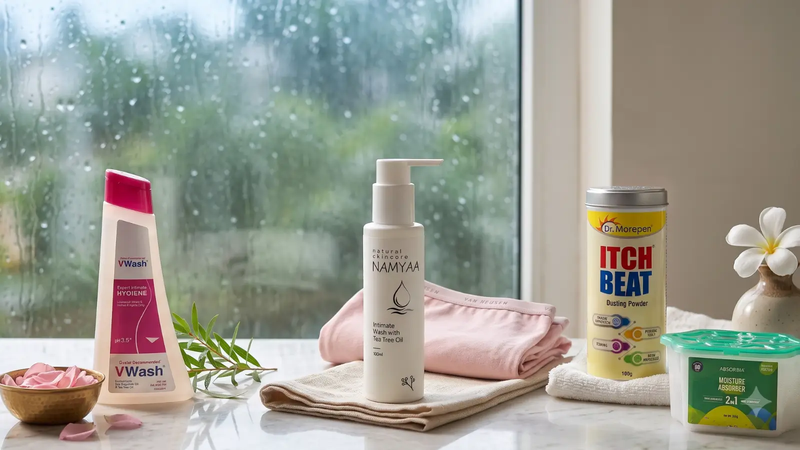 Monsoon morning bathroom vanity still life with VWash intimate wash, Namyaa tea tree wash, Van Heusen anti-bacterial boyshorts, Dr Morepen antifungal powder and Absorbia moisture absorber on marble for monsoon intimate care women