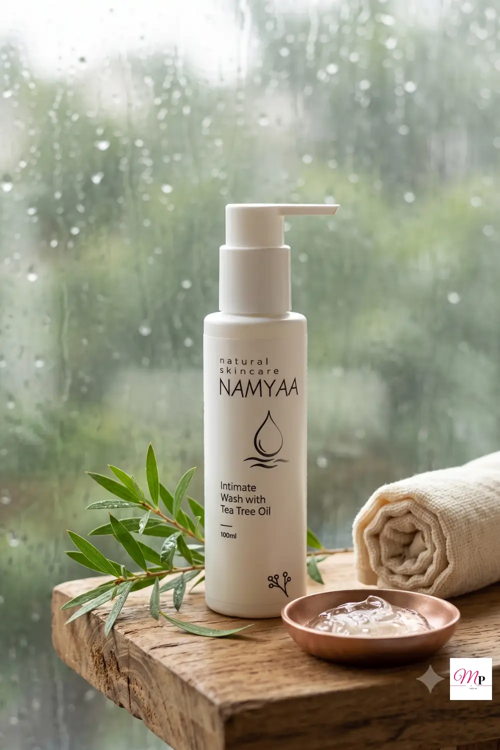 Namyaa Intimate Wash with Tea Tree Oil 100ml pump bottle on raw teakwood with fresh tea tree leaves and woven basket for natural intimate hygiene during monsoon