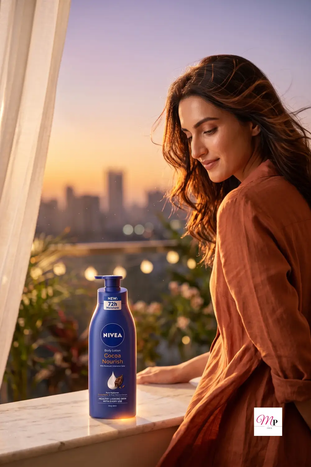 Cocoa butter body lotion for dry skin India — evening balcony routine with city skyline at golden hour, sukhi twach ke liye best moisturizer