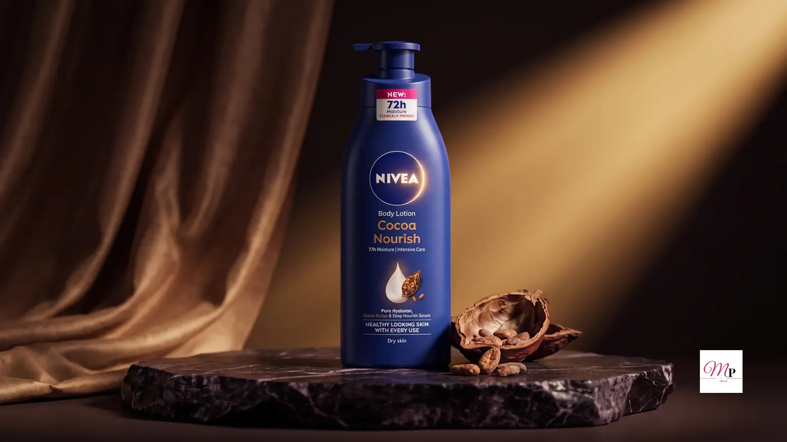 Nivea Cocoa Nourish Body Lotion 400ml review India — studio product shot with cocoa pods on dark marble