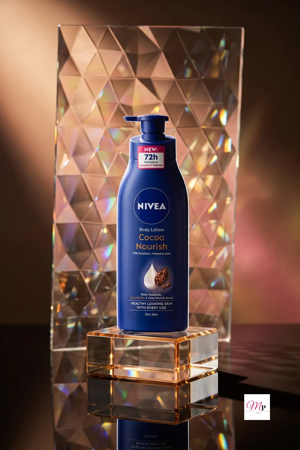 Cocoa nourish 72h moisture body lotion — luxury editorial shot on crystal pedestal with prismatic backdrop