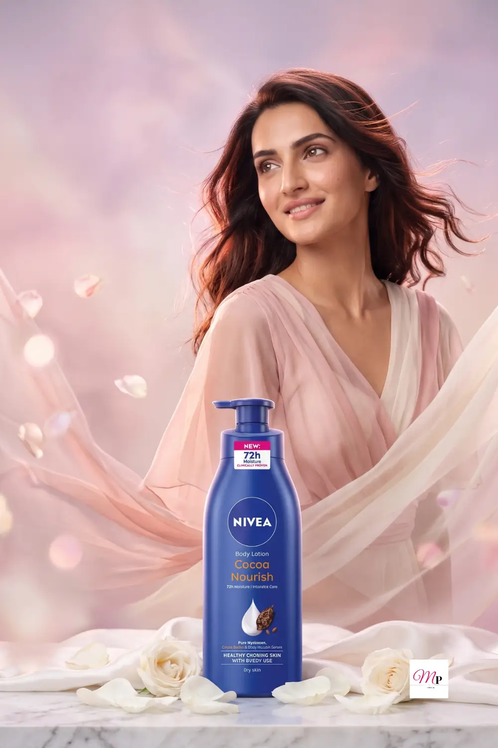 Nivea Cocoa Nourish Body Lotion review India — lifestyle shot with flowing fabric and rose petals