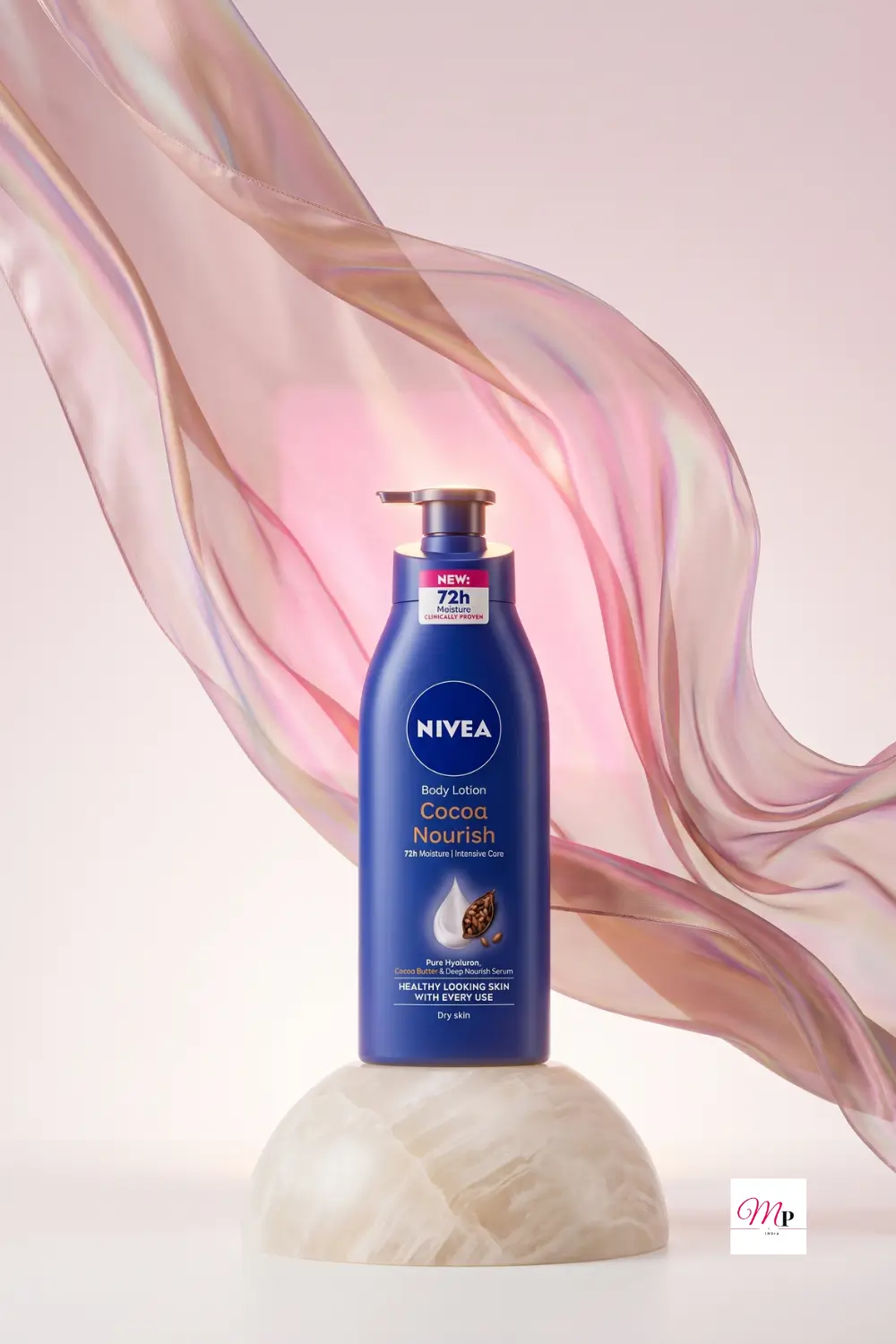 Affordable body lotion for dry skin India — elegant product shot on white marble dome with flowing silk