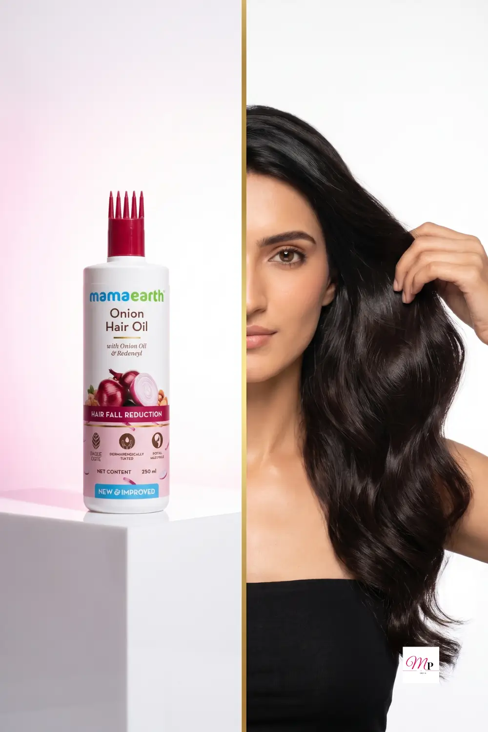 Mamaearth Onion Hair Oil bottle and woman with healthy strong hair after use