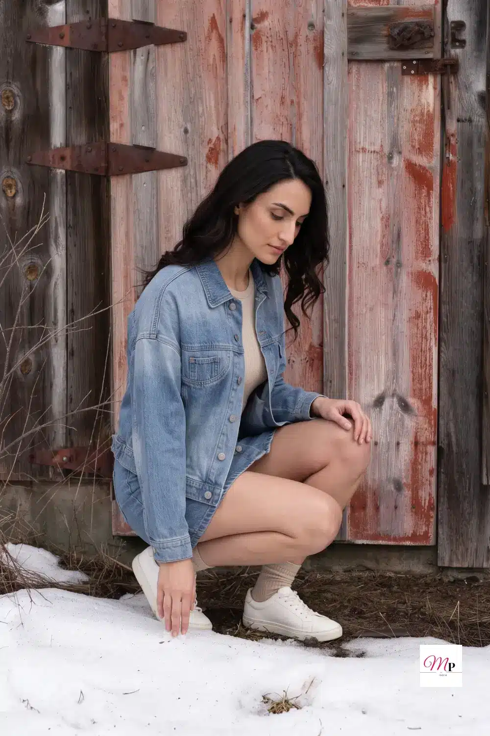Denim jacket for women showing fabric drape and mobility while crouching in casual outdoor setting