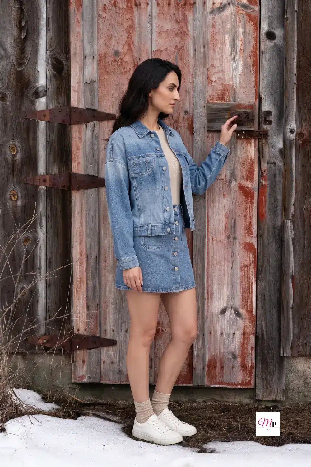 ONLY spread collar washed denim jacket full outfit view with matching skirt against rustic wooden backdrop
