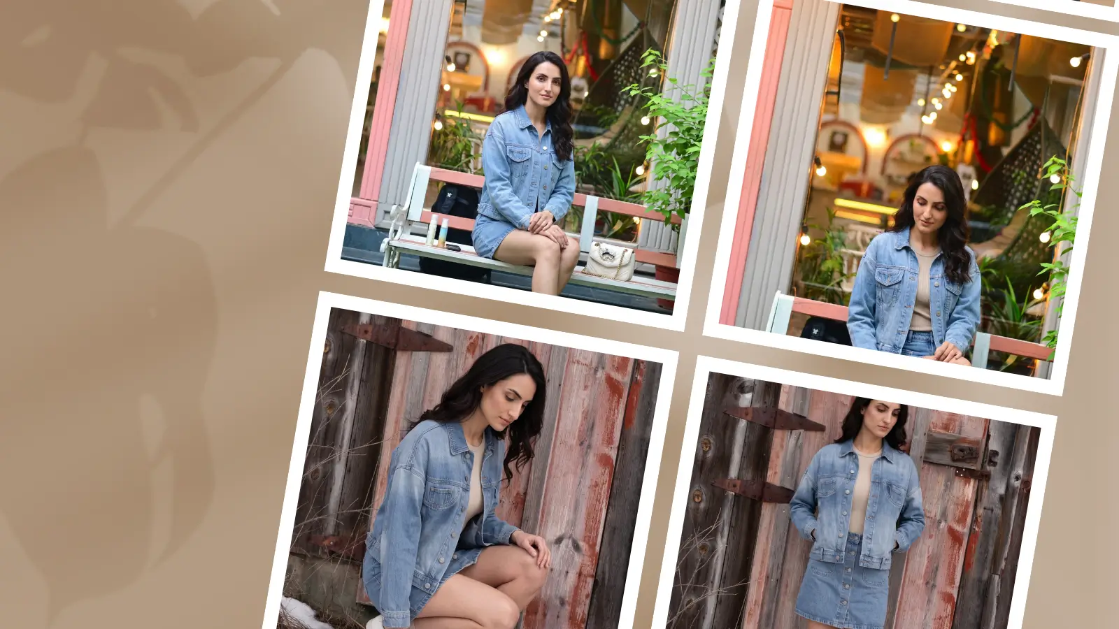 ONLY women spread collar washed denim jacket styled with matching skirt in outdoor cafe and rustic settings