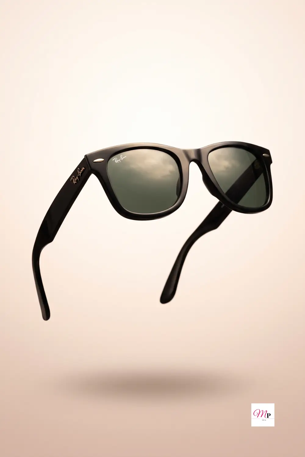 Floating black square sunglasses against warm beige background showing G-15 green lens detail