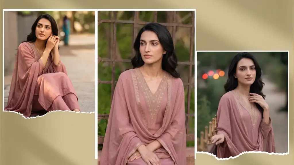 Dusty rose sequinned kurta set with floral gold embroidery yoke and dupatta, Gerua by Libas, sequinned kurta set women india