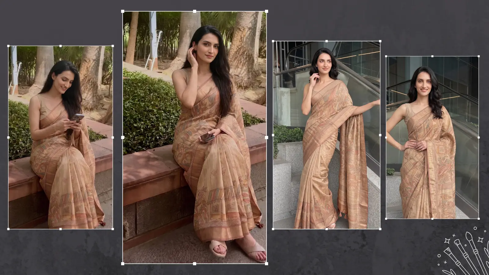 Soch Warli silk blend handloom saree styled in four elegant poses showing full drape and Warli art motifs